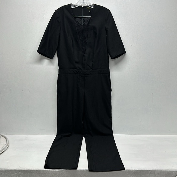 Maje Kaaris Jumpsuit One Piece Romper Deep V Lace Trim Pockets Black Size 38 - Picture 2 of 9